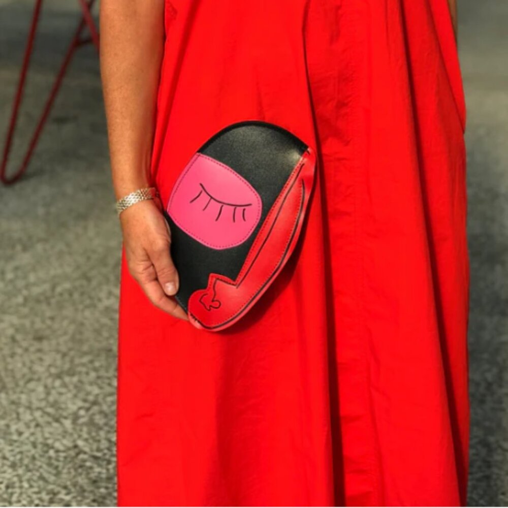ARK COULOR DESIGN I Pink & Red Abstract Face Leather High Fashion Handbag Clutch